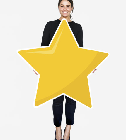 Businesswoman holding a golden star rating symbol