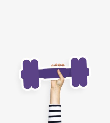 Hand holding a dumbbell cardboard prop