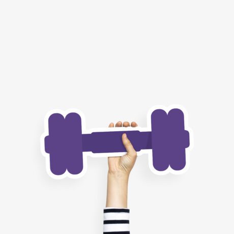 Hand holding a dumbbell cardboard prop